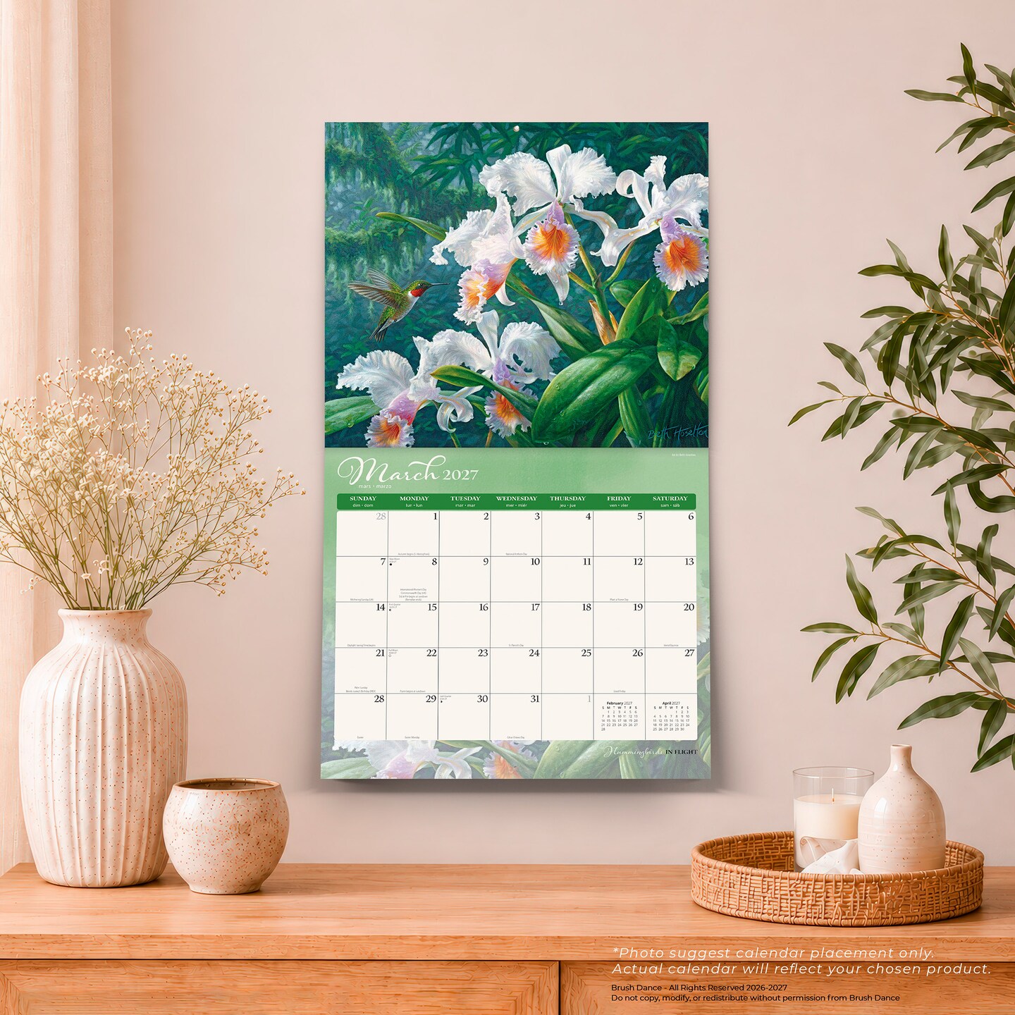 Hummingbirds | 2027 13.75 x 24 Inch (Hanging) Monthly Deluxe Wall Calendar | Featuring the Artwork of Wanda Mumm and Beth Hoselton | Linen Envelope | Foil Stamped Cover