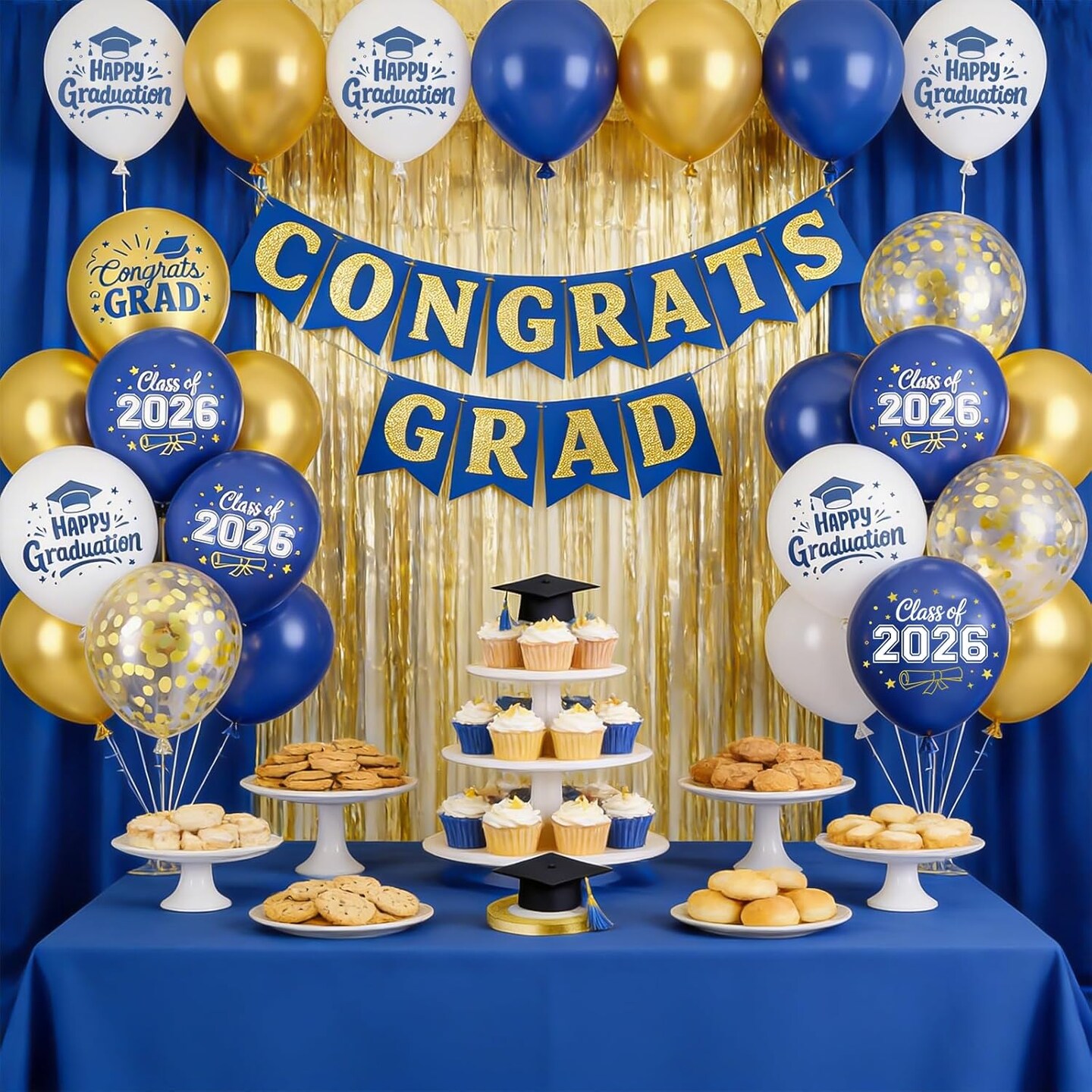 Navy Blue and Gold GRAD 2026 Graduation Balloons, Navy Blue Congrats GRAD Class of 2026 Printed Balloons Graduation Celebration Party Supplies Decorations