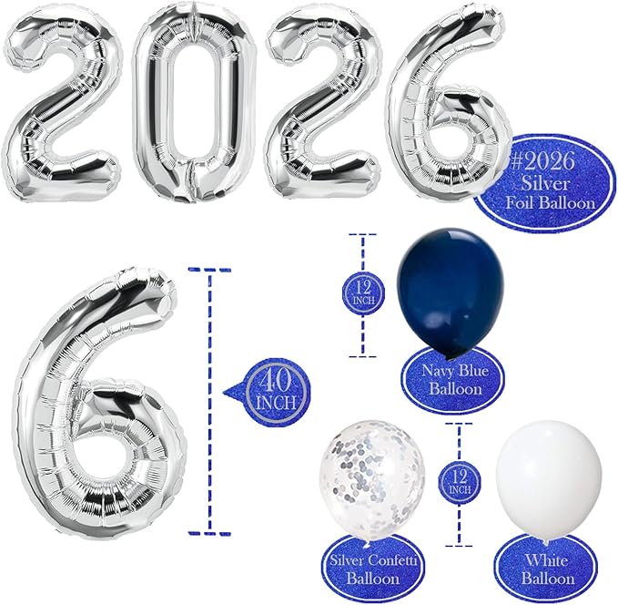 Graduation Party Supplies 2026 Decorations Kit, Silver 2026 Balloons, Navy Blue Silver and White Balloons Set, Navy Blue and Silver Graduation Decorations 2026, Class of 2026