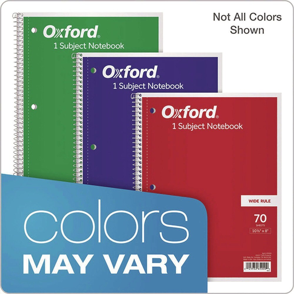 Oxford (70) 10.5 in. x 8 in. Sheets 3-Hole Punched Wide/Legal Rule Coil-Lock Wirebound Notebook - Randomly Assorted Cover Color