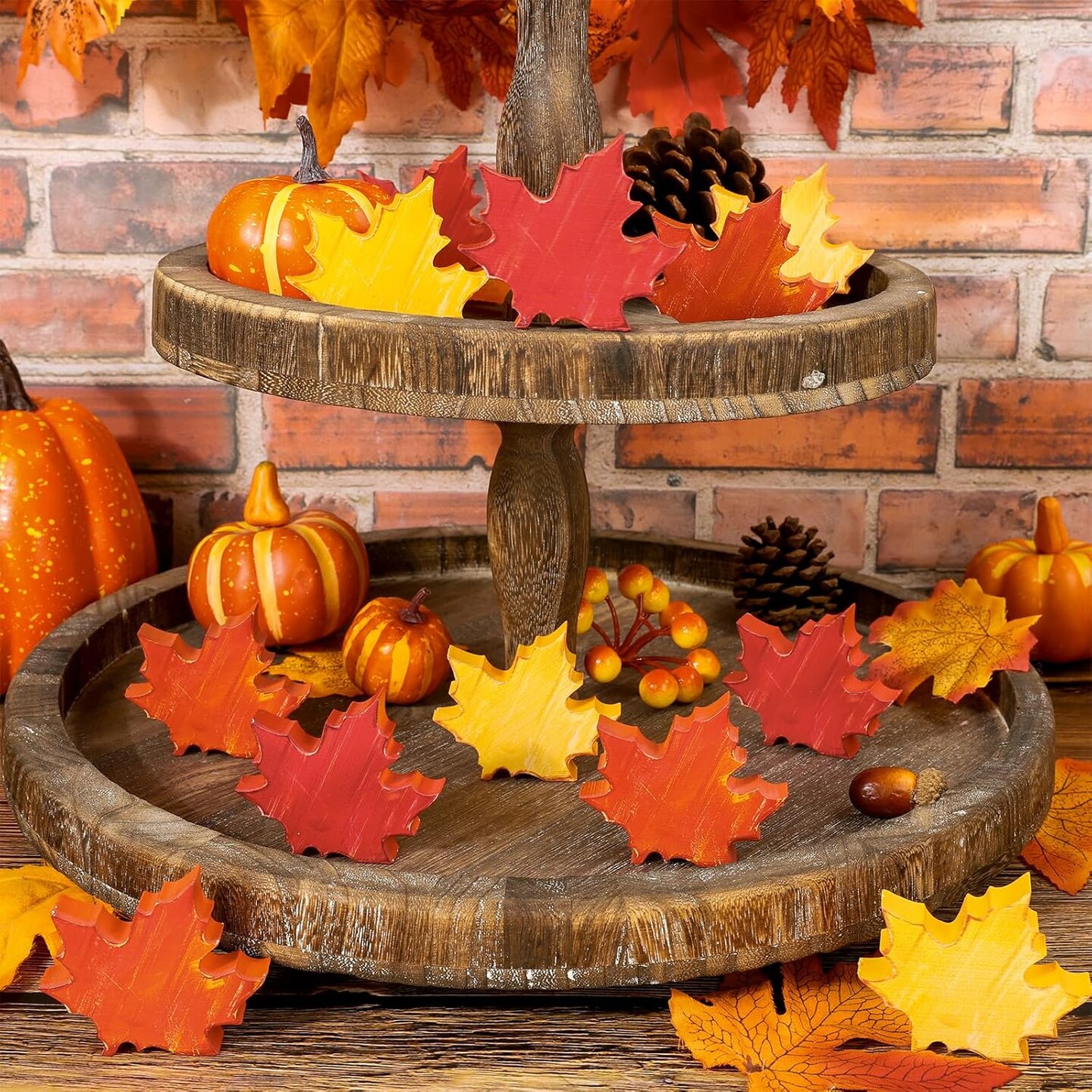 12PCS Fall Thanksgiving Wooden Maple Leaf Table Decor – Rustic Autumn Harvest Tabletop Centerpieces for Tiered Tray, Shelf, Mantel & Farmhouse Thanksgiving Decorations