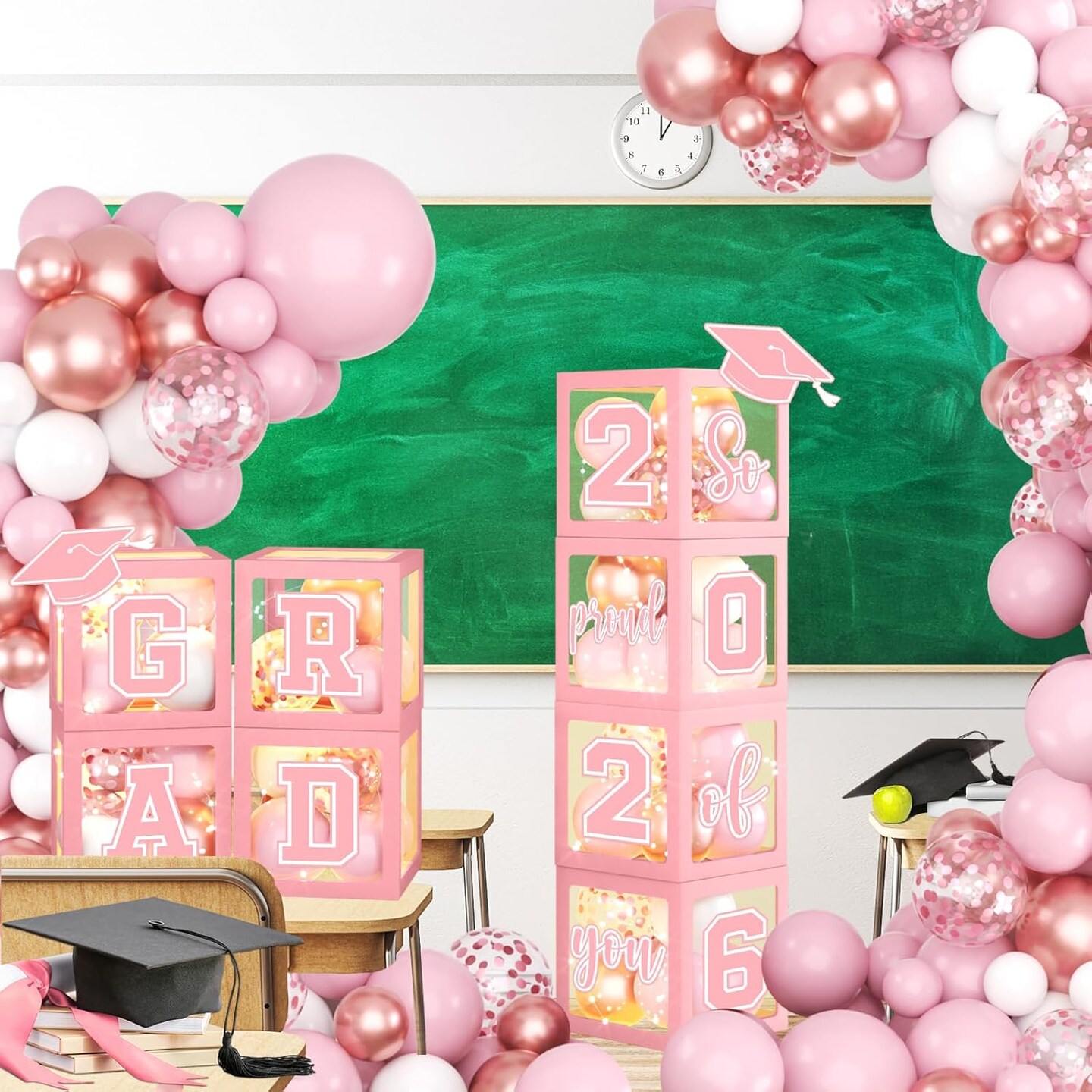 2026 Graduation Party Decorations Class of 2026 Balloon Boxes with Letters 2026 Grad & So Proud of You Congrats Grad Party Decorations 117pcs Balloons for Any Grades Class Grad Party (Pink)