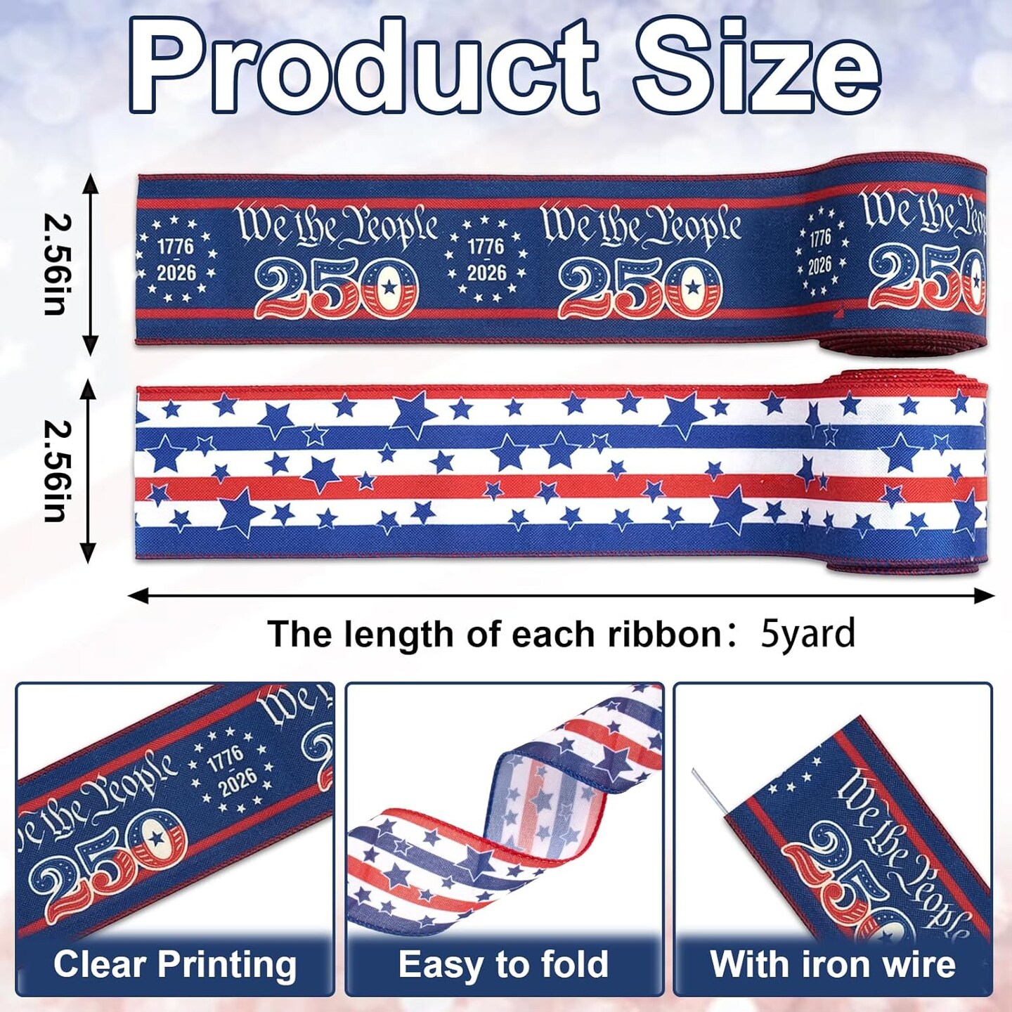 2 Rolls USA 250th Anniversary Patriotic Wired Burlap Ribbon – 2.5" x 10 Yards Red White & Blue Star Stripe Fabric Ribbon for Independence Day, Gift Wrapping, Wreaths & Party Decorations