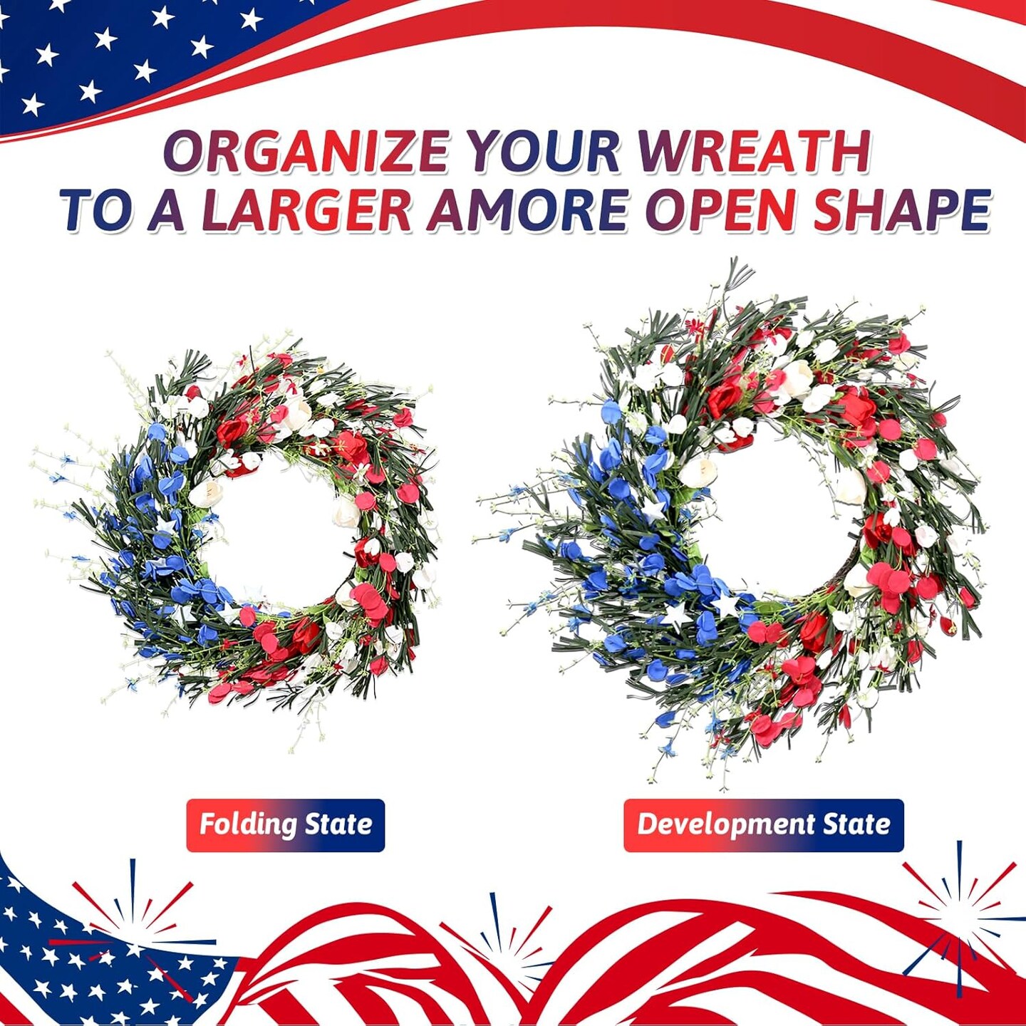 22 Inch Red White and Blue Patriotic Wreath – 4th of July Front Door Wreath with Foam Flowers & Stars, Handmade Independence Day & Memorial Day Home Porch Decoration