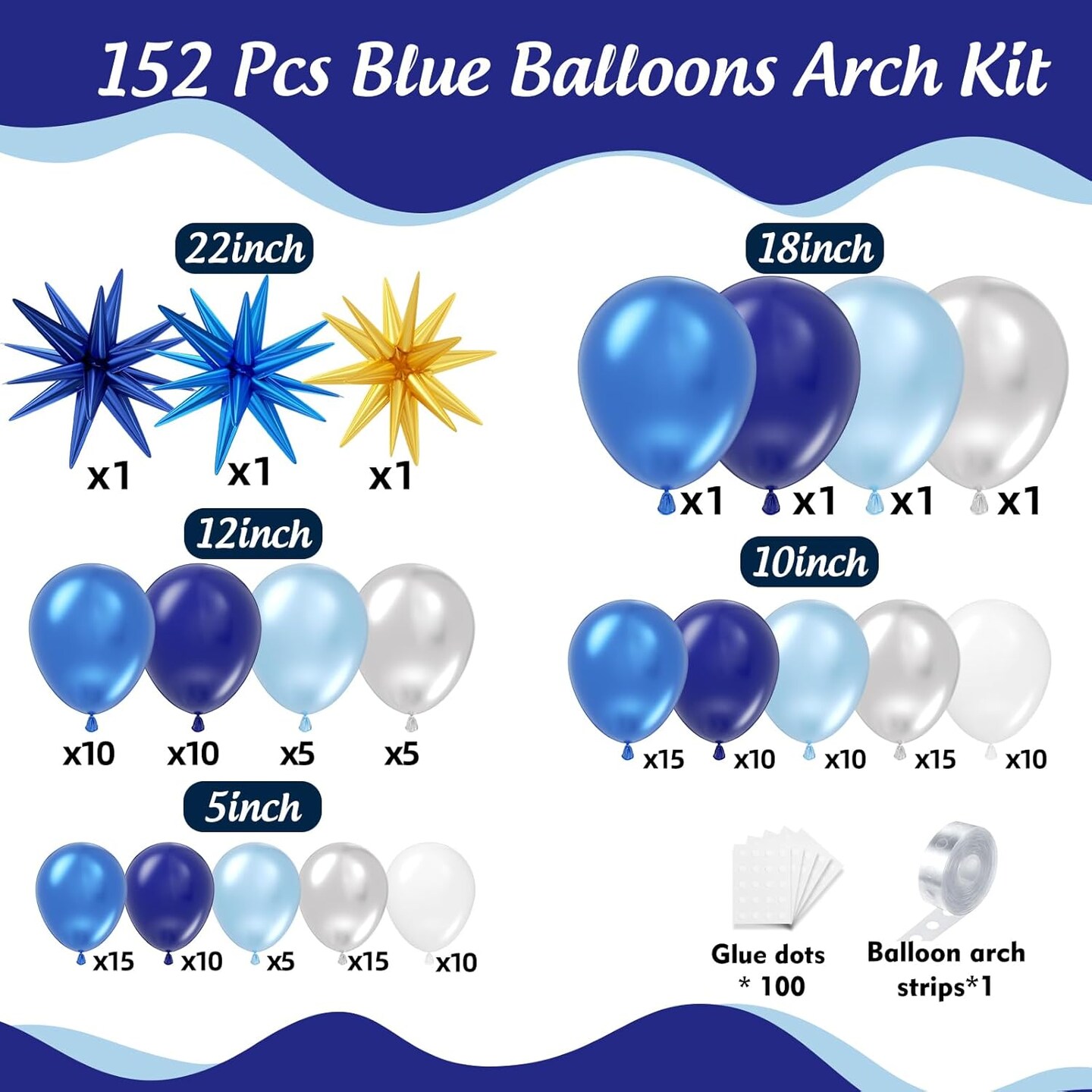 152PCS Blue White Silver Balloon Arch Kit with Star Balloons – Navy Metallic Light Blue Garland for 2026 Graduation, Birthday, Wedding, Baby Shower, Father’s Day & Party Decorations