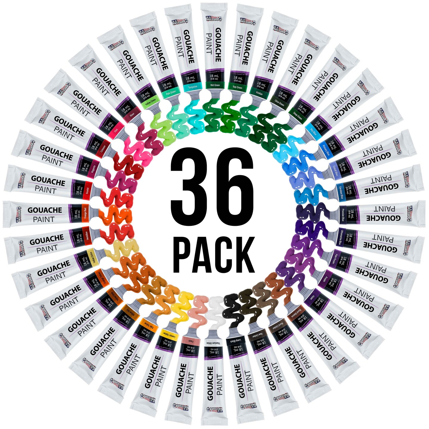 U.S. Art Supply Professional 36-Color Gouache Paint Set in Large 18ml Tubes & Color Mixing Wheel - Gouache Paint Tubes for Artists, Students, Beginners