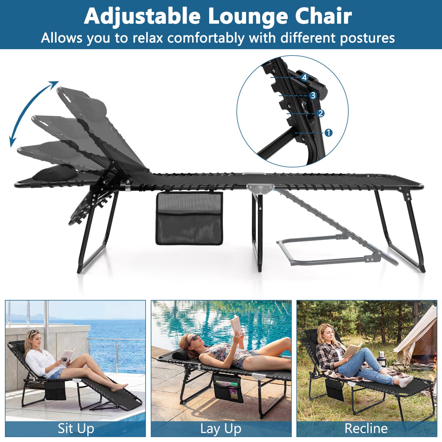 Costway Folding Lounge Chaise 16'' High Recline Chair W/Adjustable Backrest and Footrest