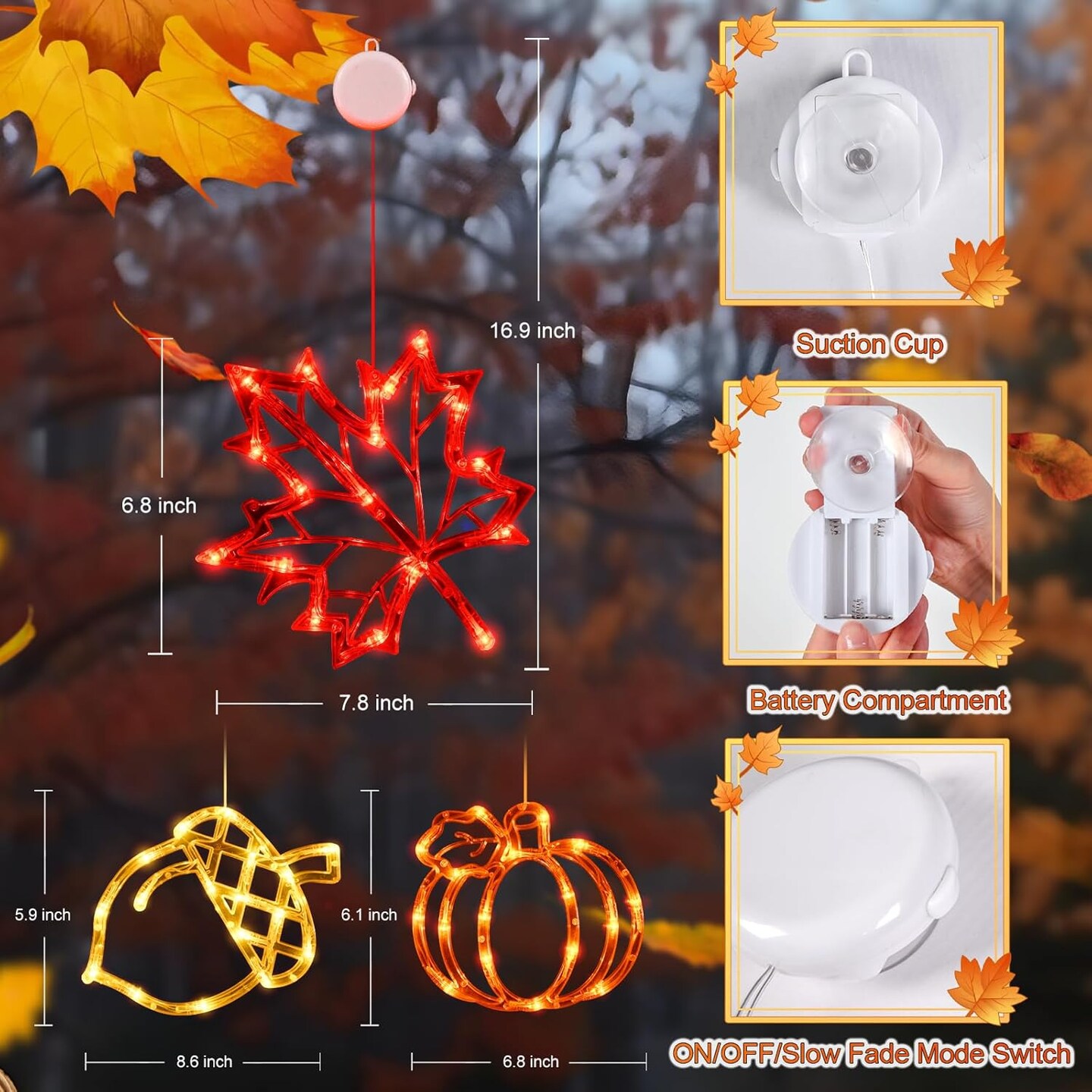 Fall Decor Window Lights 2026 – Thanksgiving LED Maple Leaves Pumpkin Acorn Lights Battery Operated Autumn Decorations with Timer & Suction Cups for Home Windows Indoor Seasonal Decor