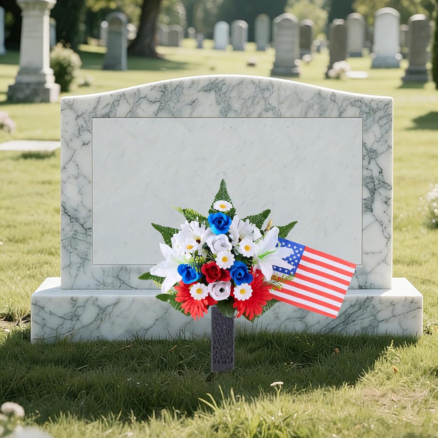 Memorial Day Flowers for Cemetery - Patriotic Red White and Blue Artificial Roses with American Flag - 12-Head Silk Grave Decorations for Veterans - Weather Resistant Memorial Flowers with Ground Stake