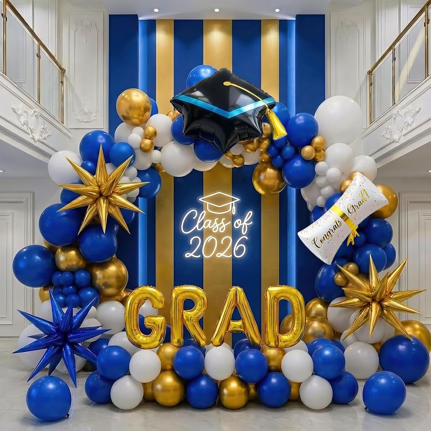 138Pcs Royal Blue and Gold Graduation Balloon Arch Kit - Class of 2026 Garland with GRAD Foil Letters, Cap & Diploma Balloons - Professional Party Supplies for College, High School & Prom