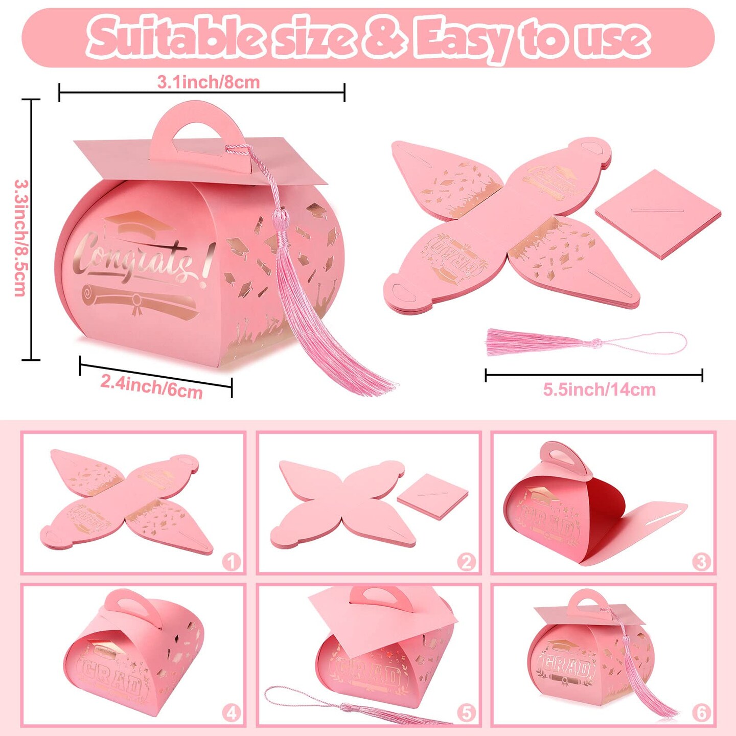 30 Pcs Graduation Cap Gift Boxes Graduation Decorations Class of 2026 Candy Box with Tassel for 2026 Grad Party Favors Supplies(Pink, Rose Gold)