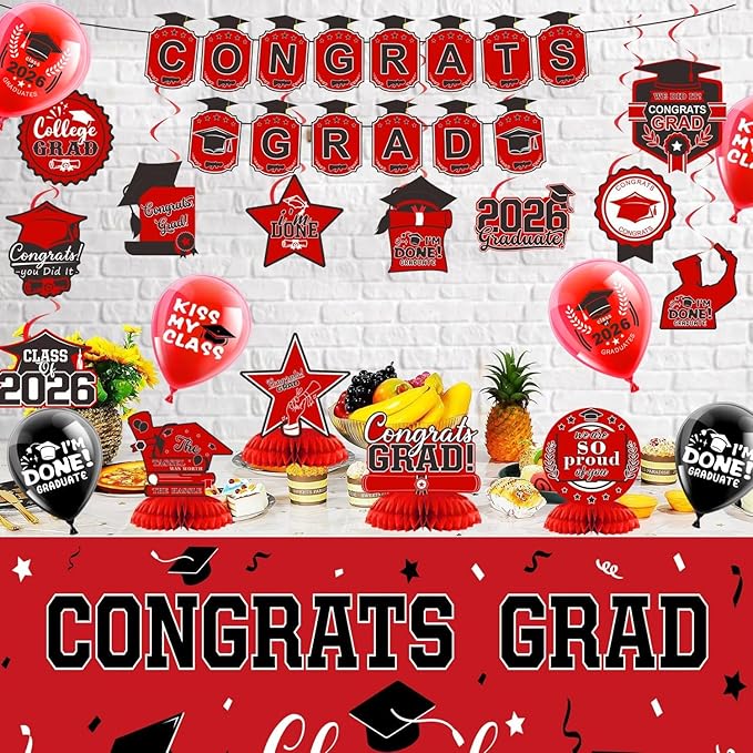 2026 Graduation Decorations Set- Class of 2026 Grad Party Decorations, Congrats Grad Banner, Backdrop, Grad Hanging Swirl, Balloons and Honeycomb Table Toppers, Graduation Party Supplies