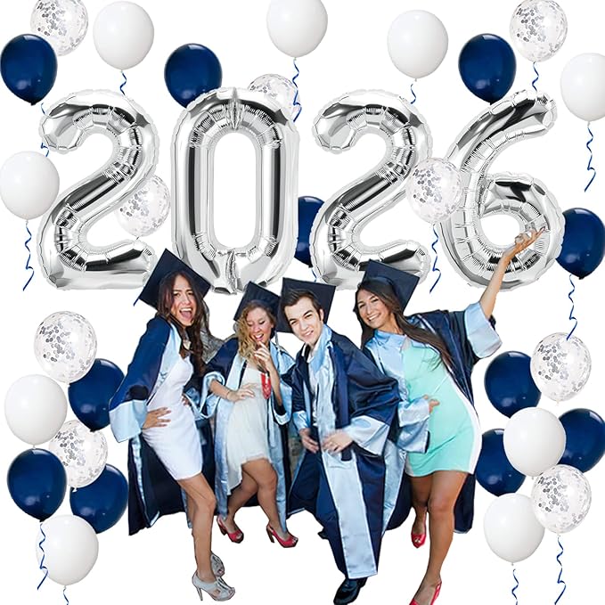 Graduation Party Supplies 2026 Decorations Kit, Silver 2026 Balloons, Navy Blue Silver and White Balloons Set, Navy Blue and Silver Graduation Decorations 2026, Class of 2026