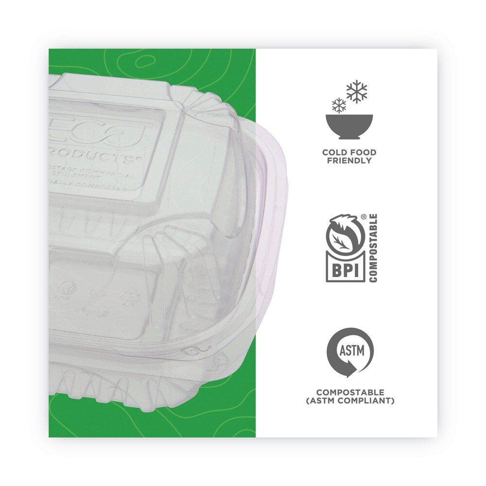 Eco-Products 6 in. x 6 in. x 3 in. Renewable and Compostable Plastic Clamshell Hinged Food Containers - Clear (240/Carton)