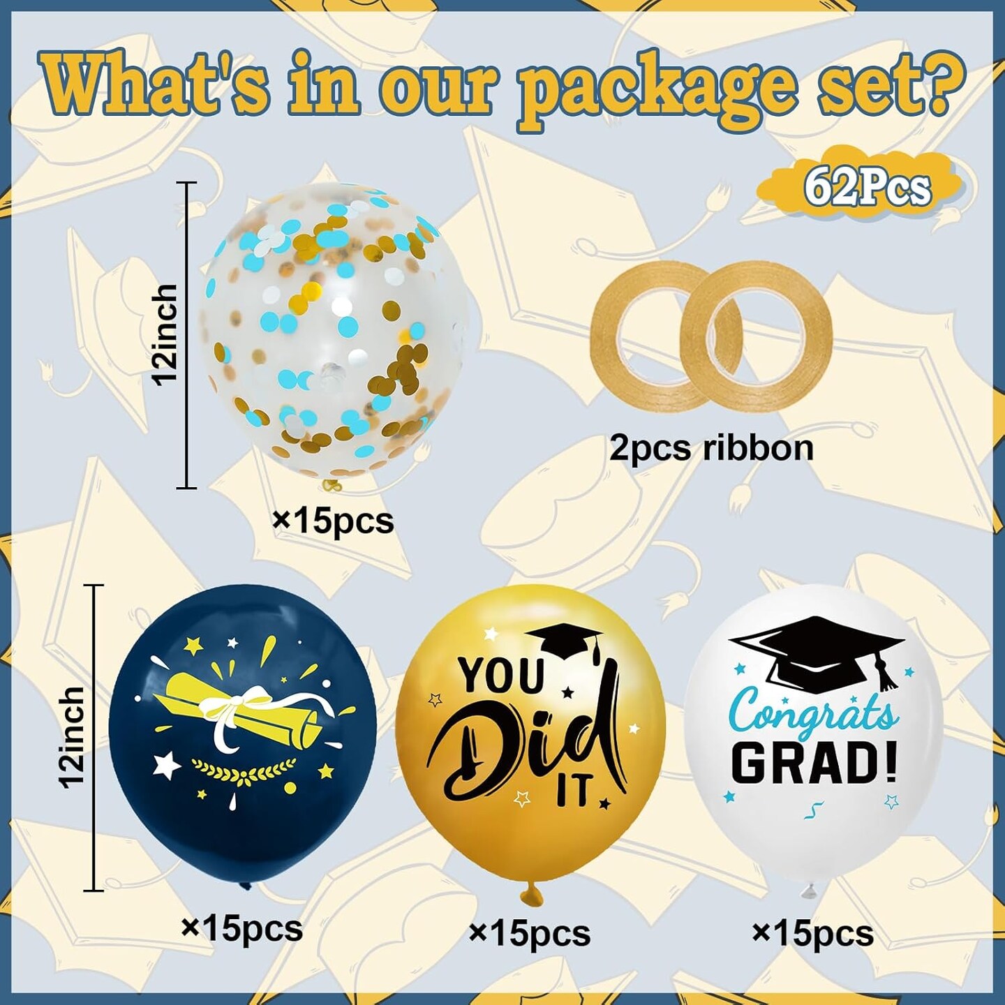 Graduation Decorations 2026 - Graduation Balloons 62pcs 12 Inch Navy Blue Gold White Grad Print Latex Confetti Balloon for College High School Class of 2026 Congrats Grad Party Decor Supplies (Ribbon)