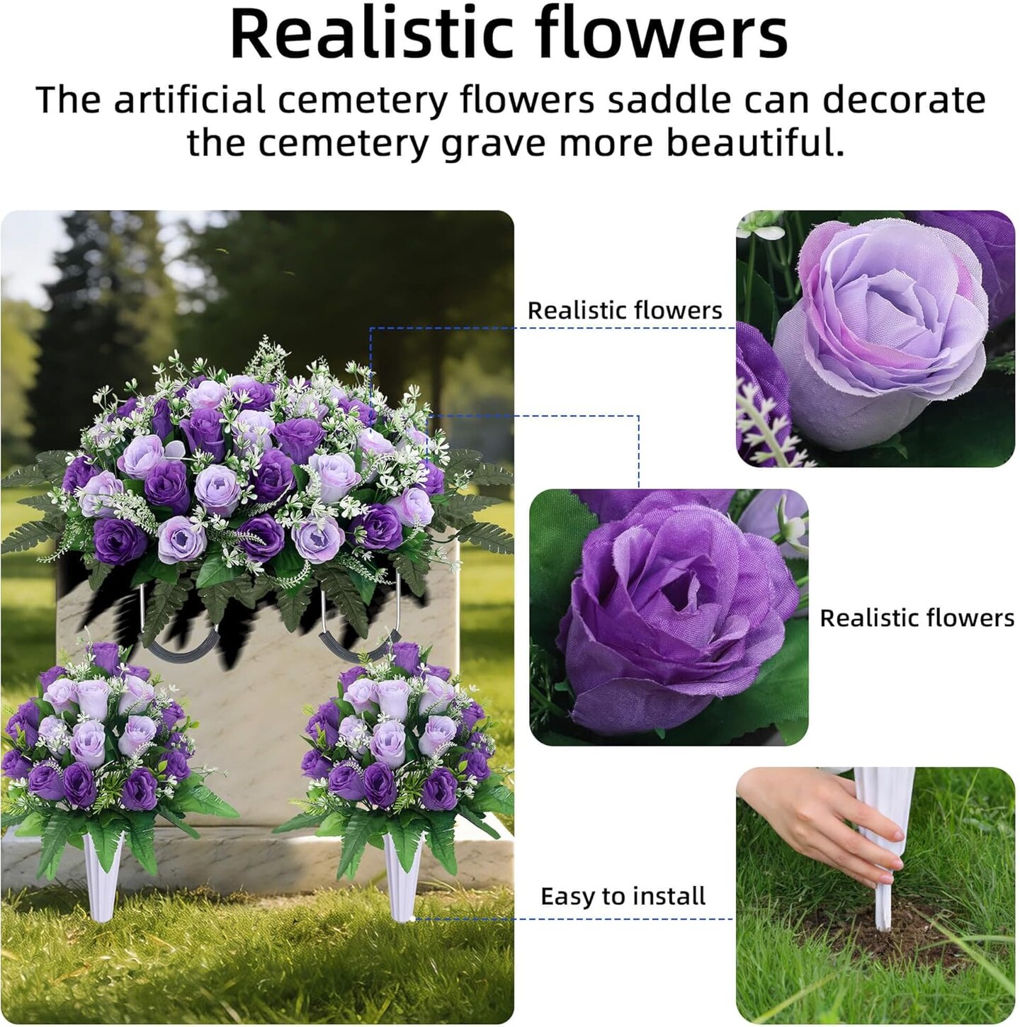 3-Piece Purple Cemetery Flowers Set - 1 Headstone Flower Saddle and 2 Grave Bouquets with Vases - Realistic Silk Rose Memorial Decorations for Gravesites and Outdoor Headstones