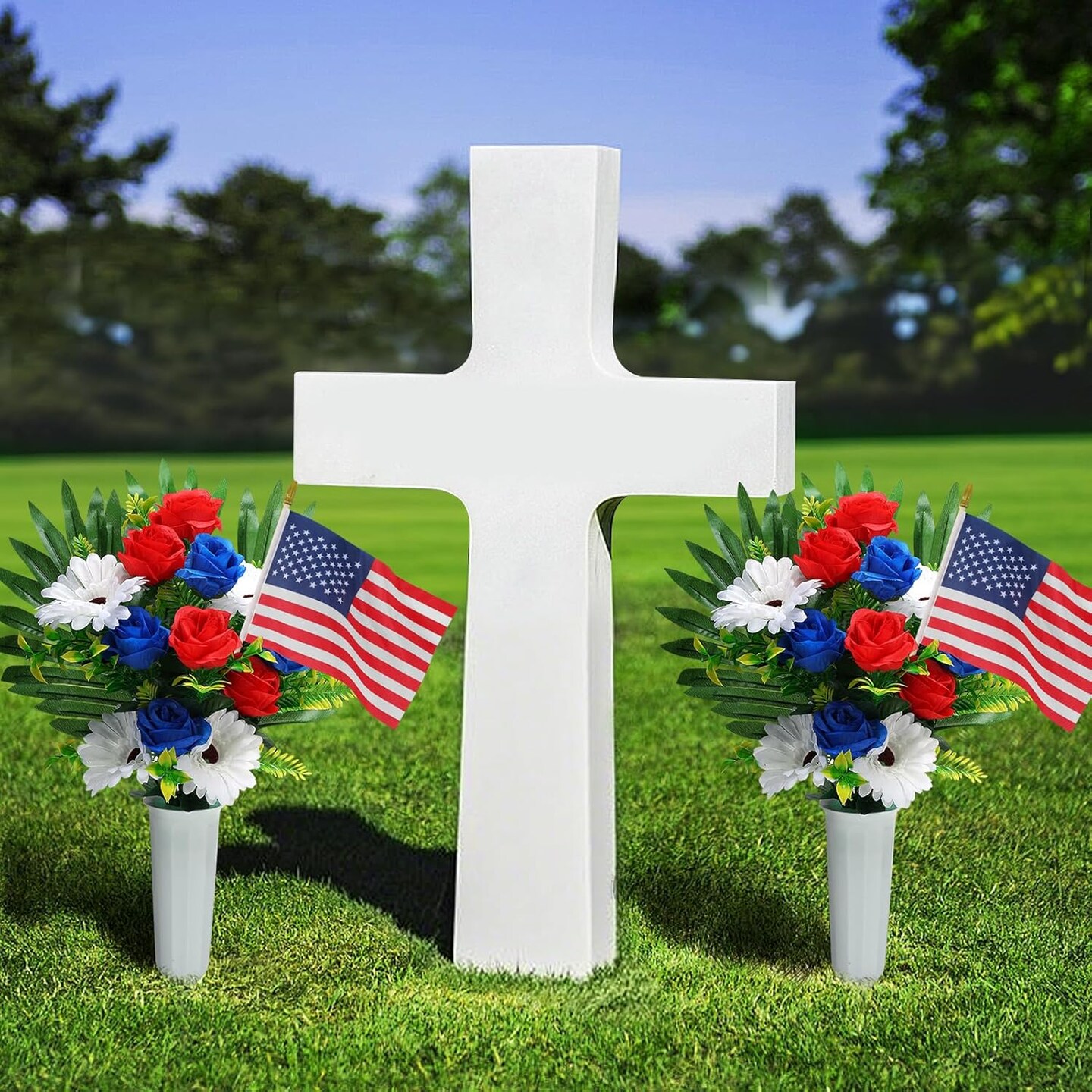 2 Pack Patriotic Cemetery Flowers for Grave - Red White & Blue Memorial ...
