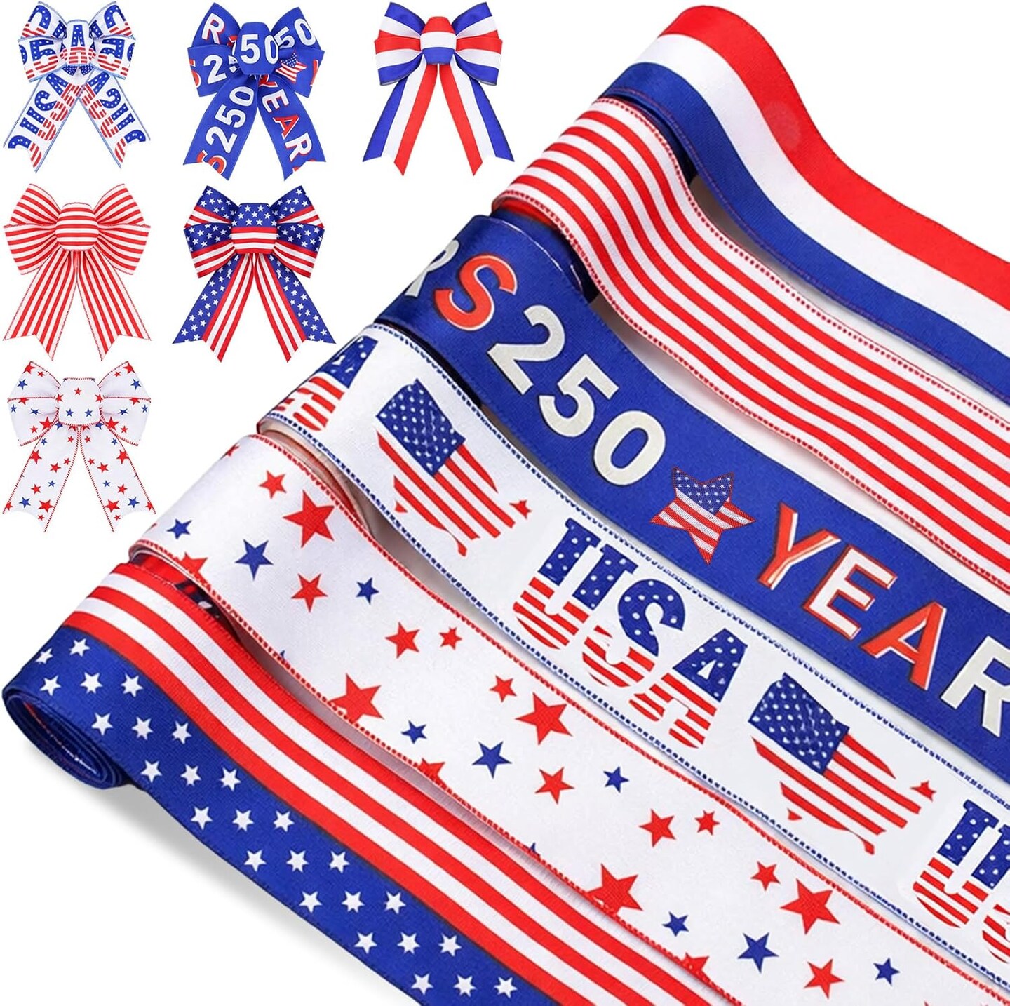 6 Rolls 250th Anniversary Patriotic Wired Ribbon Set – 2.5" x 30 Yards Red White & Blue USA Stars & Stripes Ribbon for 4th of July, Independence Day, Memorial Day & DIY Crafts