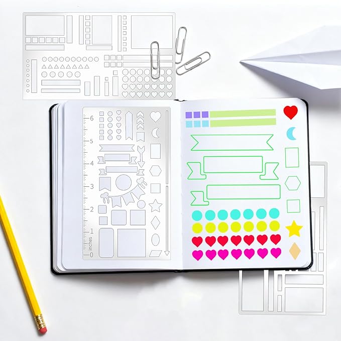 Metal Planner Stencil Journal Stencil Multi-Size Checklists Patterns Planner Ruler Templates Rustproof Metal Stencils for Journaling, Habits Tracking, Monthly Spread (Planner3)