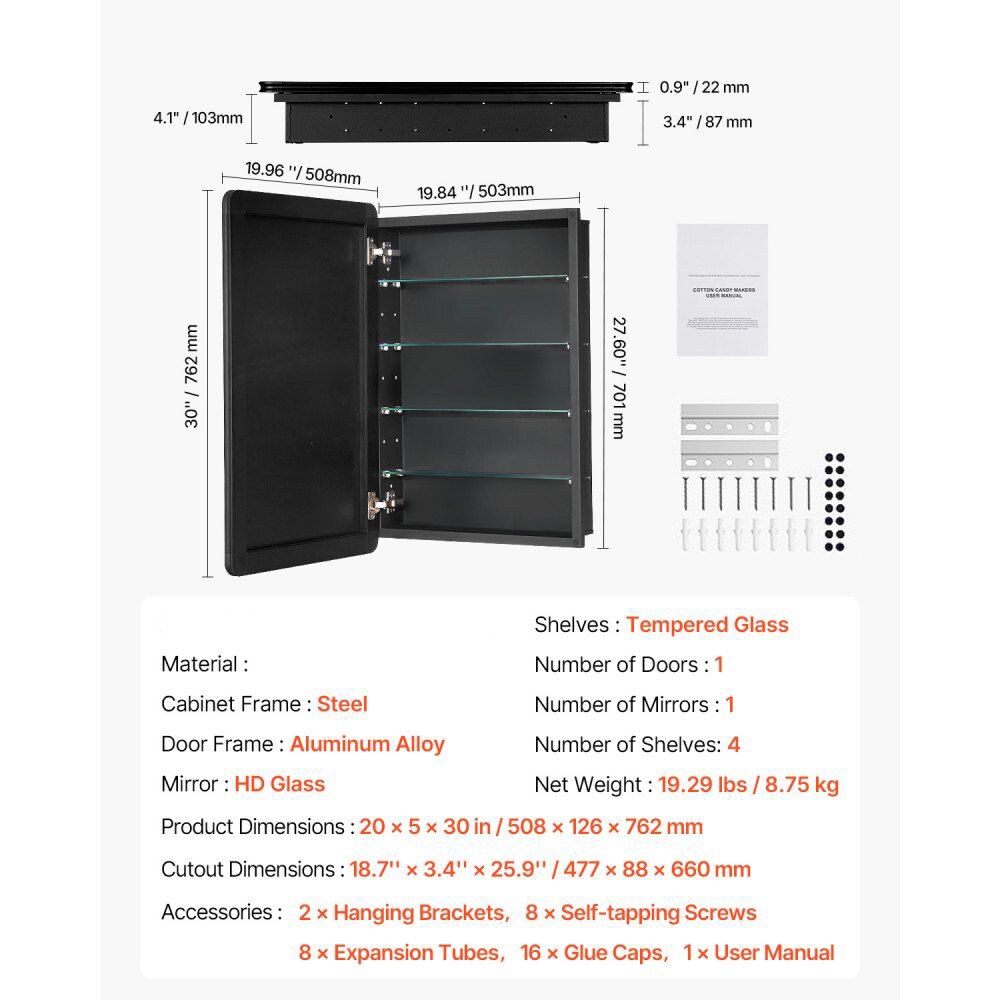 Wall-Mounted Medicine Cabinet 20x30, Aluminum Frame, 4 Adjustable Shelves