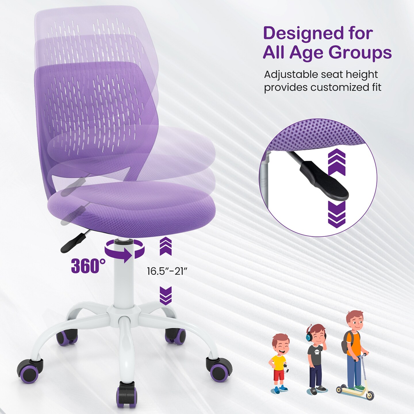 Costway Kids Desk Chair Ergonomic Swivel Children Mesh Study Height Adjustable Rose/Blue/Turquoise/Purple/Gray/Light Green