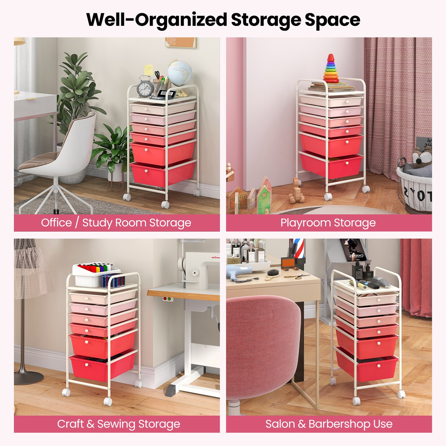 6 Drawer Storage Cart with Wheels PP Plastic Organizer Unit Steel Frame Rolling Utility Trolley for Home Office Bathroom Kitchen Organization Multi Purpose