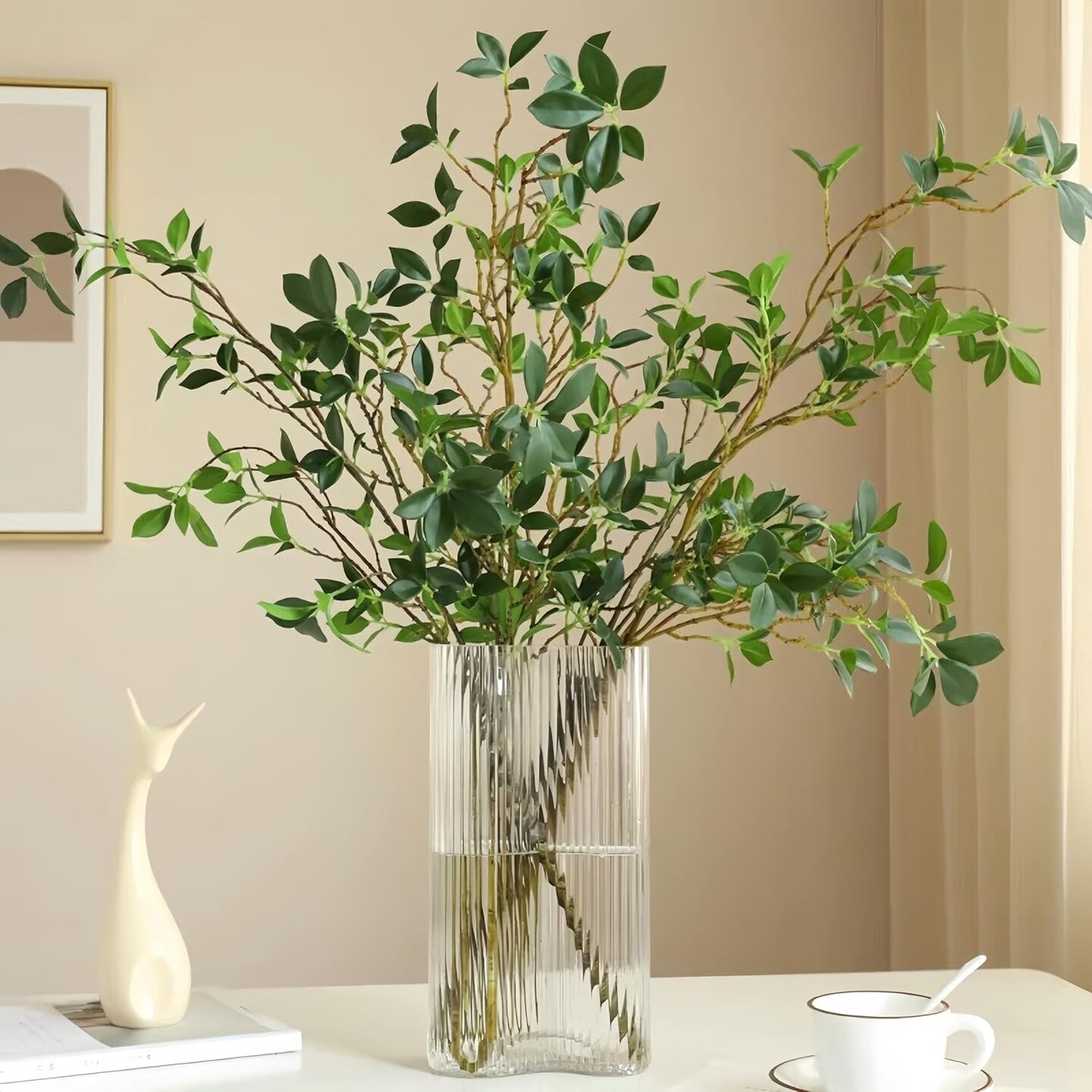 4PCS Artificial Green Branch Stems for Vase – 27" Faux Ficus Twig Branches, Realistic Fake Plant Sprays for Home Office Wedding Table Centerpieces, Indoor Outdoor Vase Fillers Decoration