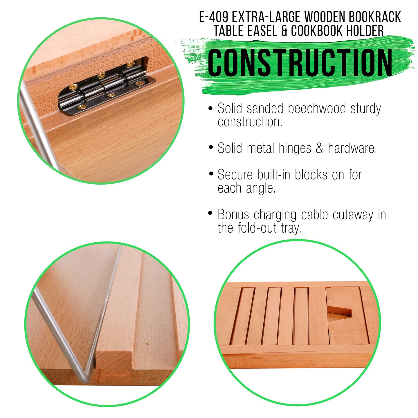 Large Wooden Table Easel - Adjustable Incline, 2 Page Holders - Functions as Wooden Cookbook Stand, Kitchen Countertop Recipe Rack, Tablet Rest & Cook Book Holder for Kitchen Counter