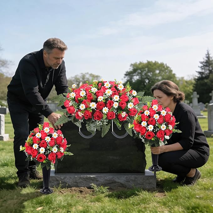 3Sets Cemetery Decorations for Grave Large Headstone Flower Saddle Grave Silk Flowers with Vases for Outdoor Grave Decoration(Red)