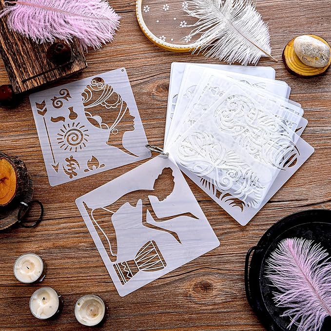 16 Pieces African Tribal Stencils Congo Mask Stencil Tribal Faces Stencil African Stencil Template Art and Craft Wall Painting Stencil and Metal Open Ring for Painting on Wood Wall Decor
