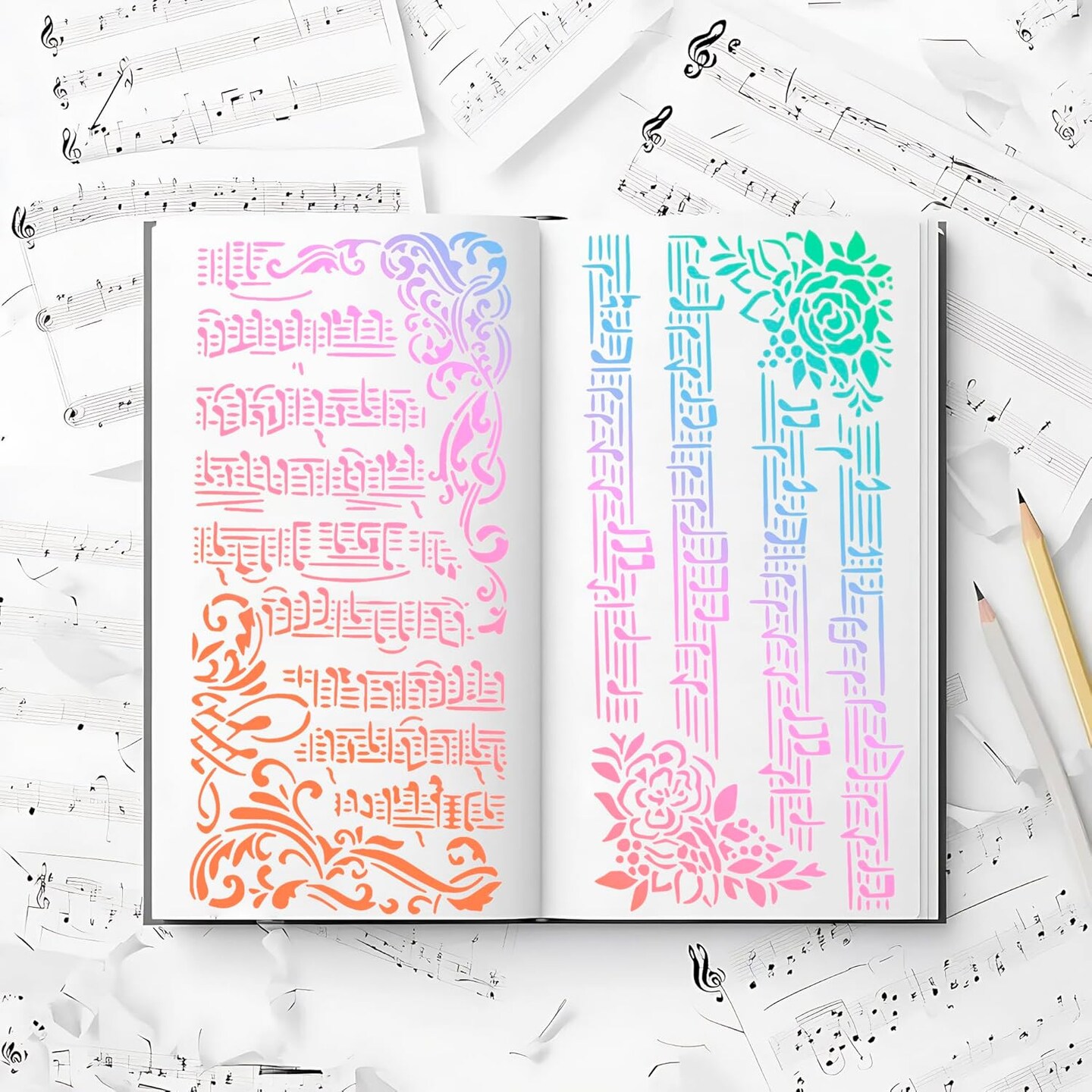19 Pcs Stencils for Crafts Reusable,Branches Musical Notes Brick Floral Journal Stencils for Junk Journal,Art Card,Scrapbook,Cake and Wood Furniture