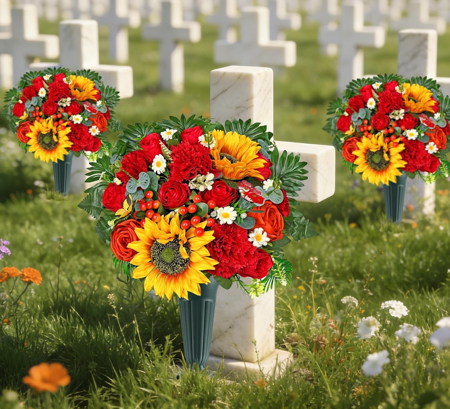 Artificial Cemetery Flowers for Grave Vase - Red Rose and Sunflower Memorial Bouquet with 2 Butterfly Accents - UV Resistant Gravesite Decorations for Outdoors - Headstone Flowers with Ground Spike Vase
