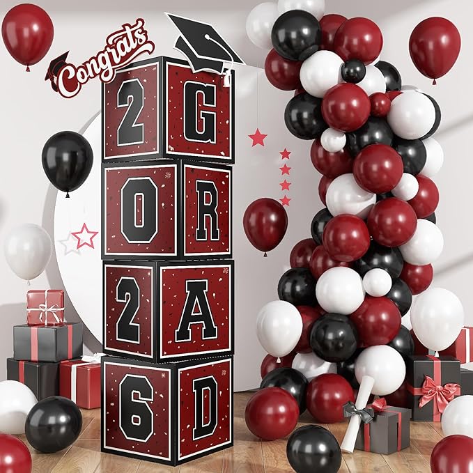 2026 Graduation Decorations, 4Pcs Graduation Boxes, So Proud of You and Class of 2026 Grad Balloon Boxes, Black Red Congrats Box for College, High School, Prom Party Supplies