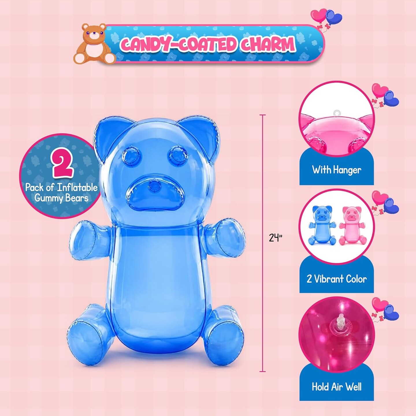 4E's Novelty 2 Pack Inflatable Gummy Bears - 24'' Large Fun Gummy Bear Party Decorations, Colorful Gummy Bear Decor, Perfect Gummy Bear Party Favors