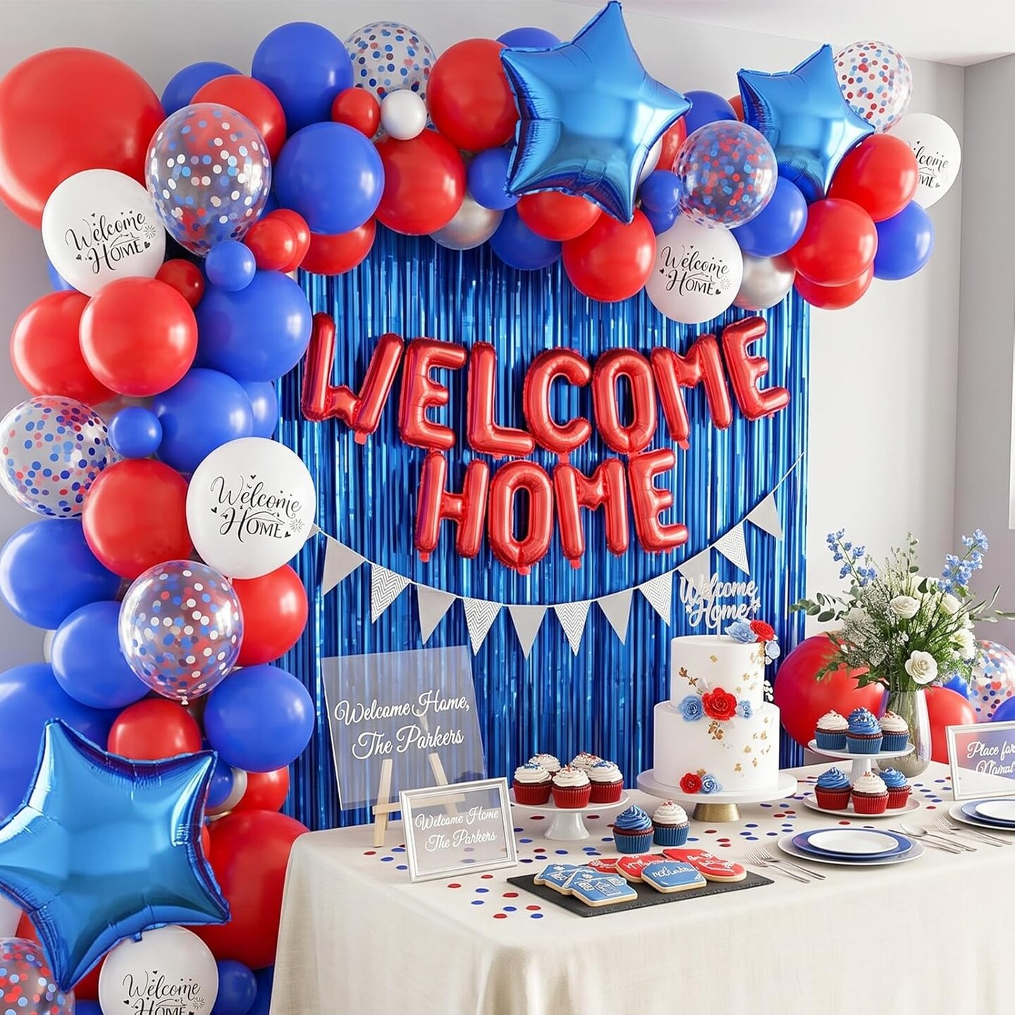 Blue Red White Welcome Home Decorations Kit – Balloons, Banner, Fringe Curtain & Cake Topper for Patriotic 4th of July, Military Homecoming & Family Welcome Party Supplies
