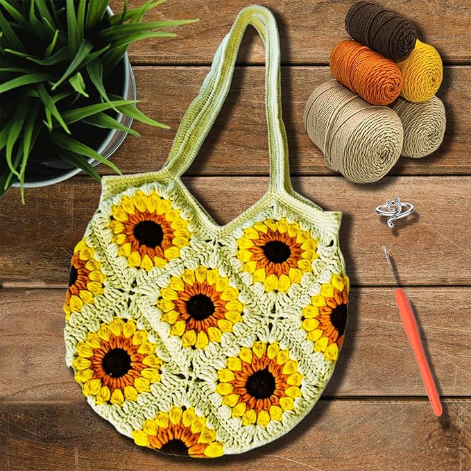 Crochet kit for Beginners Sunflower Tote Bag Granny Square Crochet Tote Bag with Step-by-Step Video Tutorials Knitting Kit Beginner Crochet Kit for Adults
