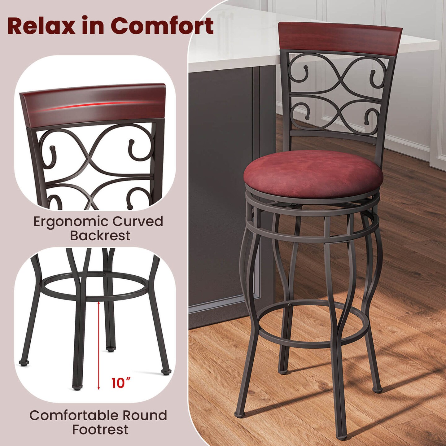 Costway Set of 2 Vintage Bar Stools 30" Swivel Padded Seat Bistro Dining Kitchen Pub Chair