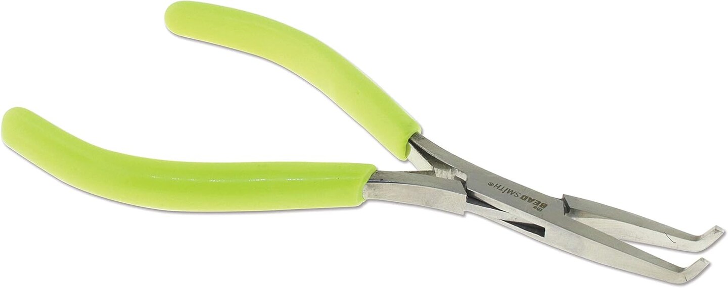 The Beadsmith Micro-Fine Bent Flat Nose Pliers, 5 inches (127mm) with Polished Steel Head, Green PVC Comfort Grip Handle with Double-Leaf Spring, Tool for Jewelry Making