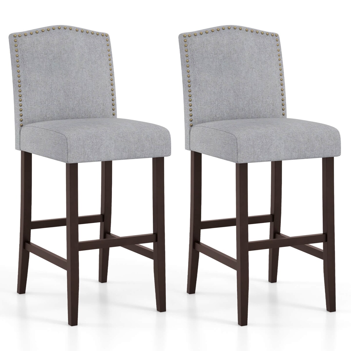 Costway Set of 2 Bar Stools 30&#x22; Upholstered Kitchen Breakfast Nailhead Bar Chairs Gray