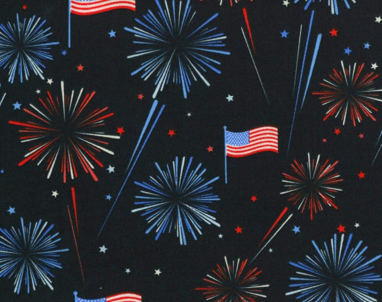 Patriotic Star Fireworks and Flags on Blue 100% Cotton Price per Yard