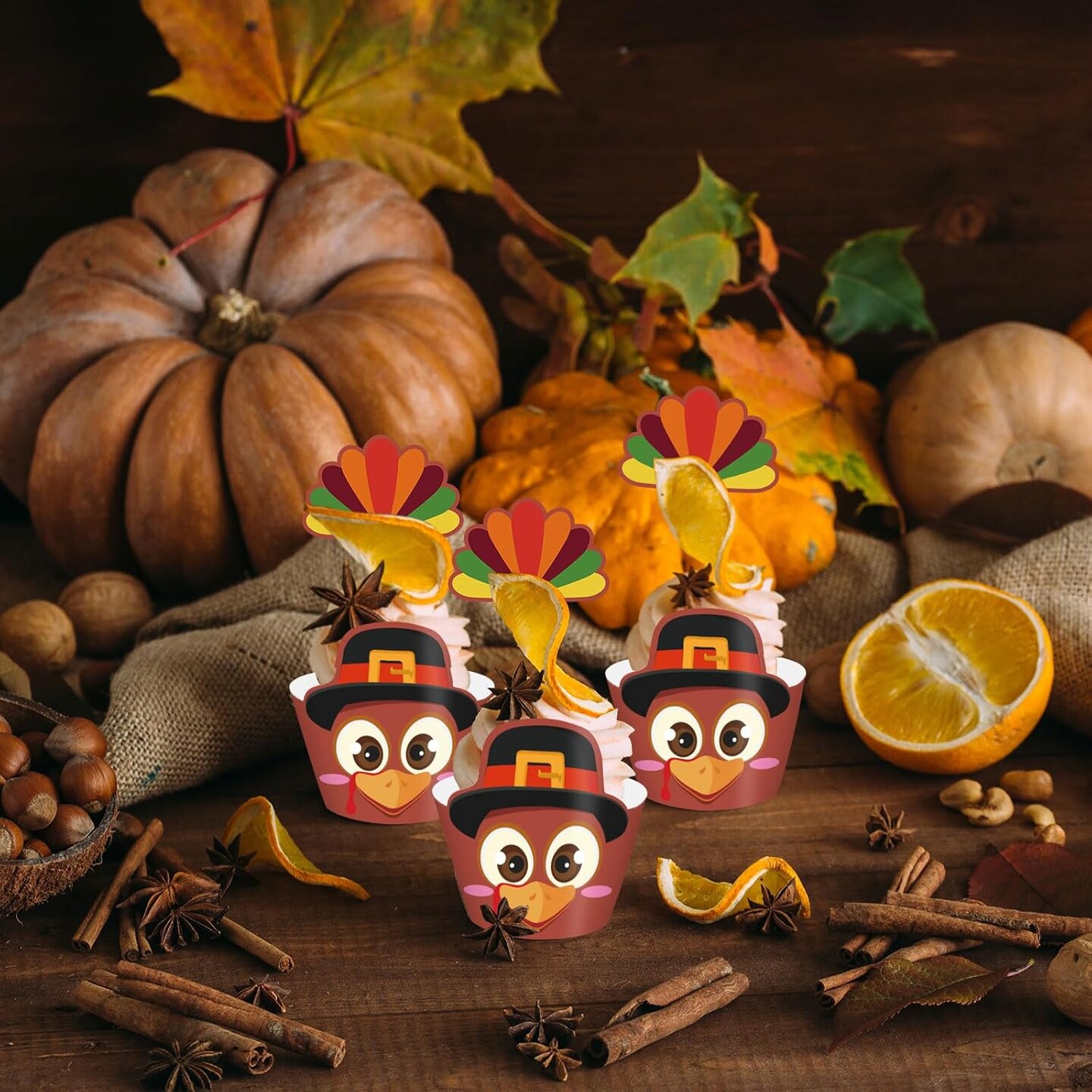 48Pcs Thanksgiving Cupcake Wrappers &#x26; Toppers Set