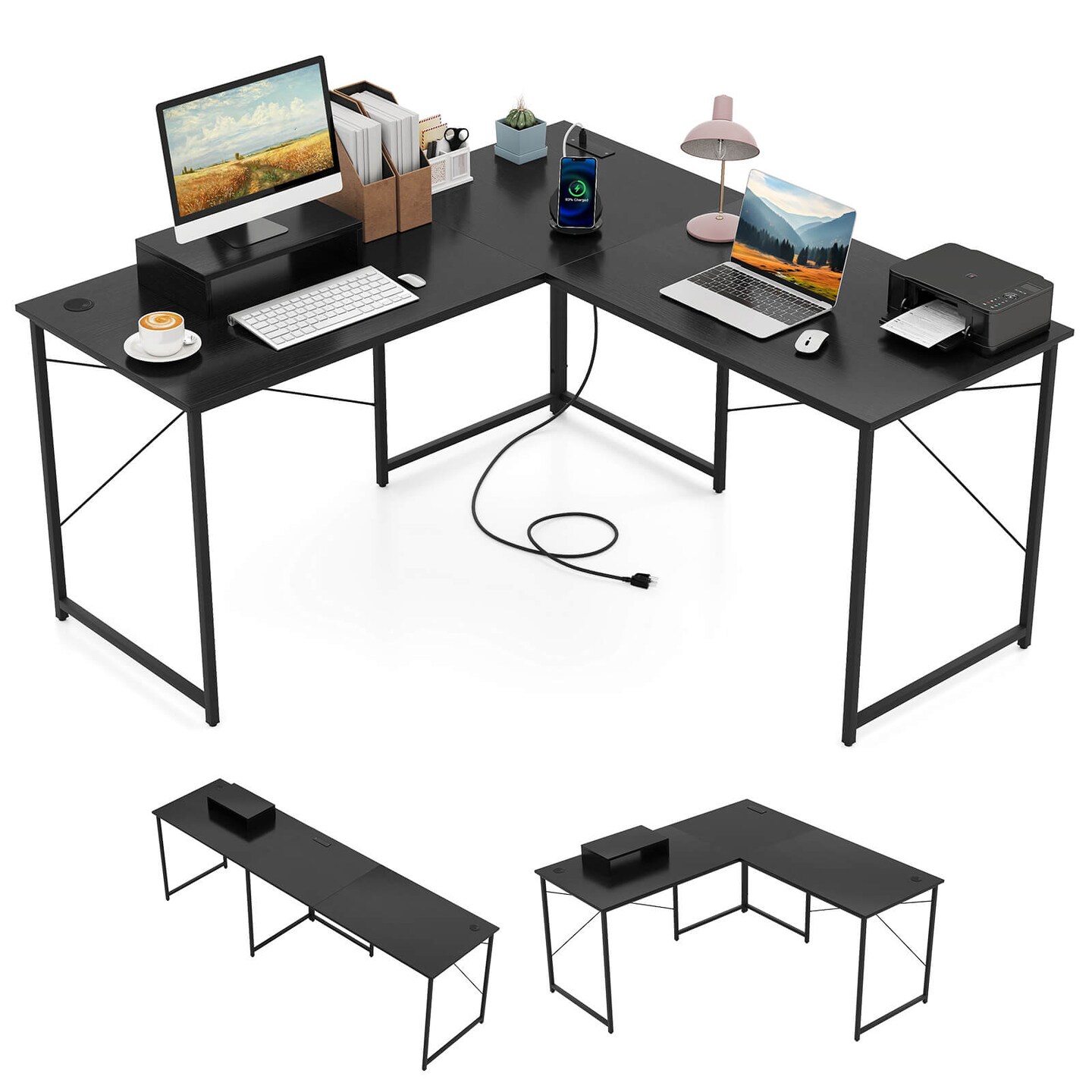 Costway L-Shaped Reversible Computer Desk 2-Person Long Table w/Monitor Stand