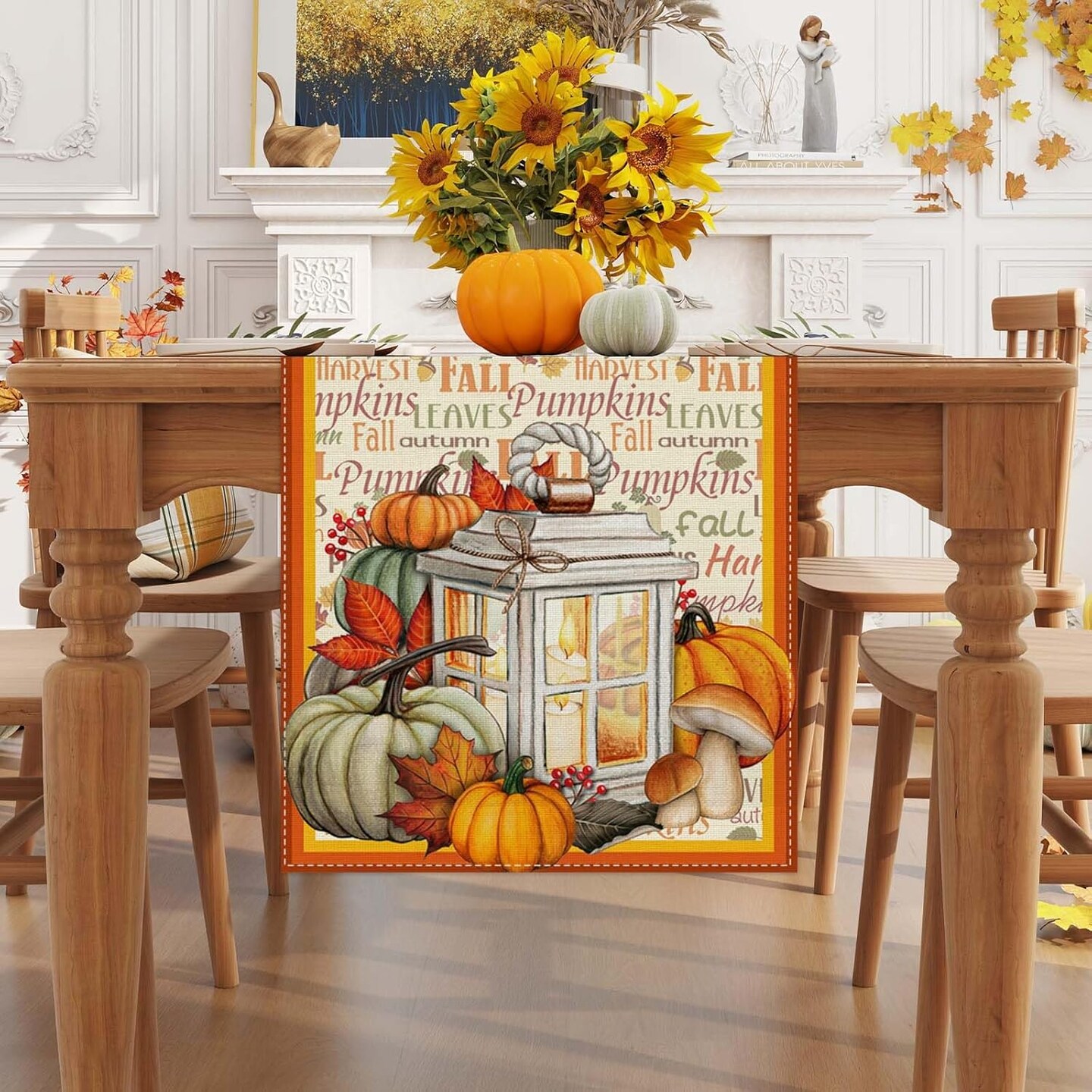 72 Inch Farmhouse Leaves Pumpkin Table Decor Autumn,Linen Fall Table Runner (Yellow) 13" x 72"