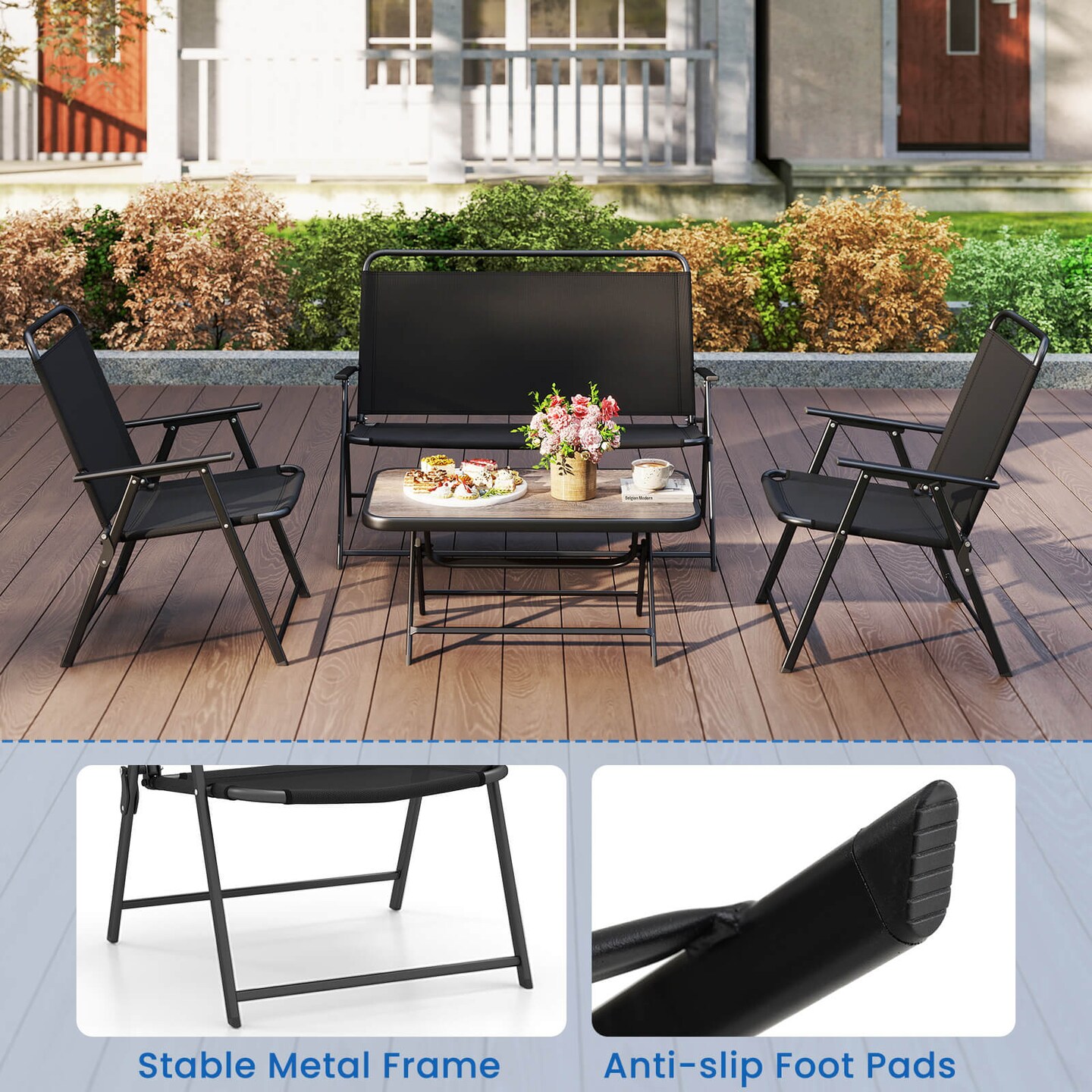 Costway 4 PCS Patio Folding Furniture Set Outdoor Conversation Set Bistro Sectional Set