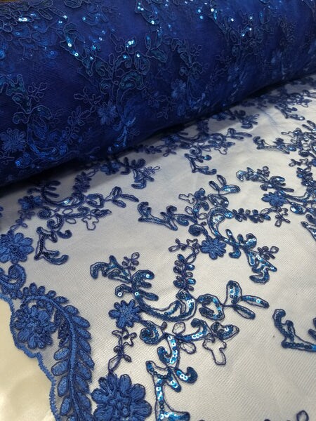 1 Yard Royal Blue Metallic Flowers Sequins Mesh Lace Fabric for Tablecloths and Costumes