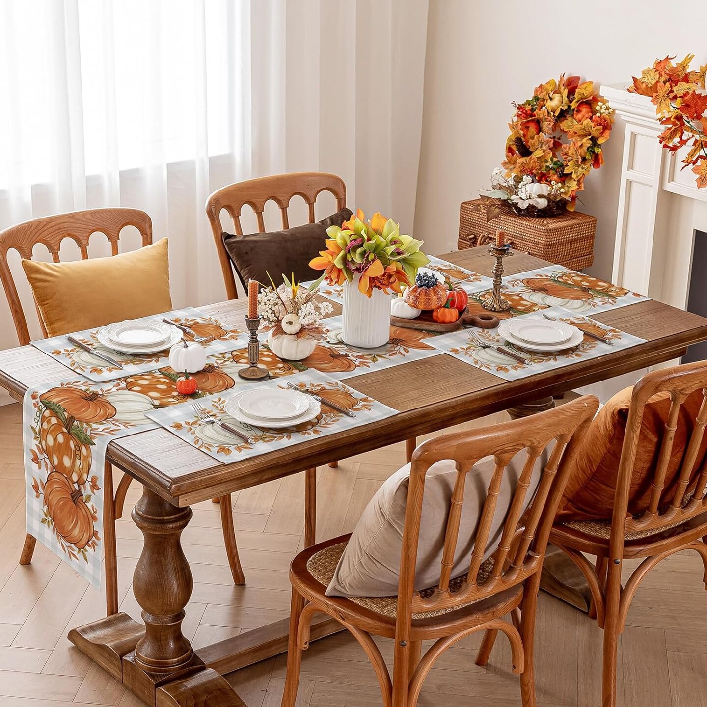 Pumpkin Leaves Fall Table Runner - 13x72 Inch, Grey Blue