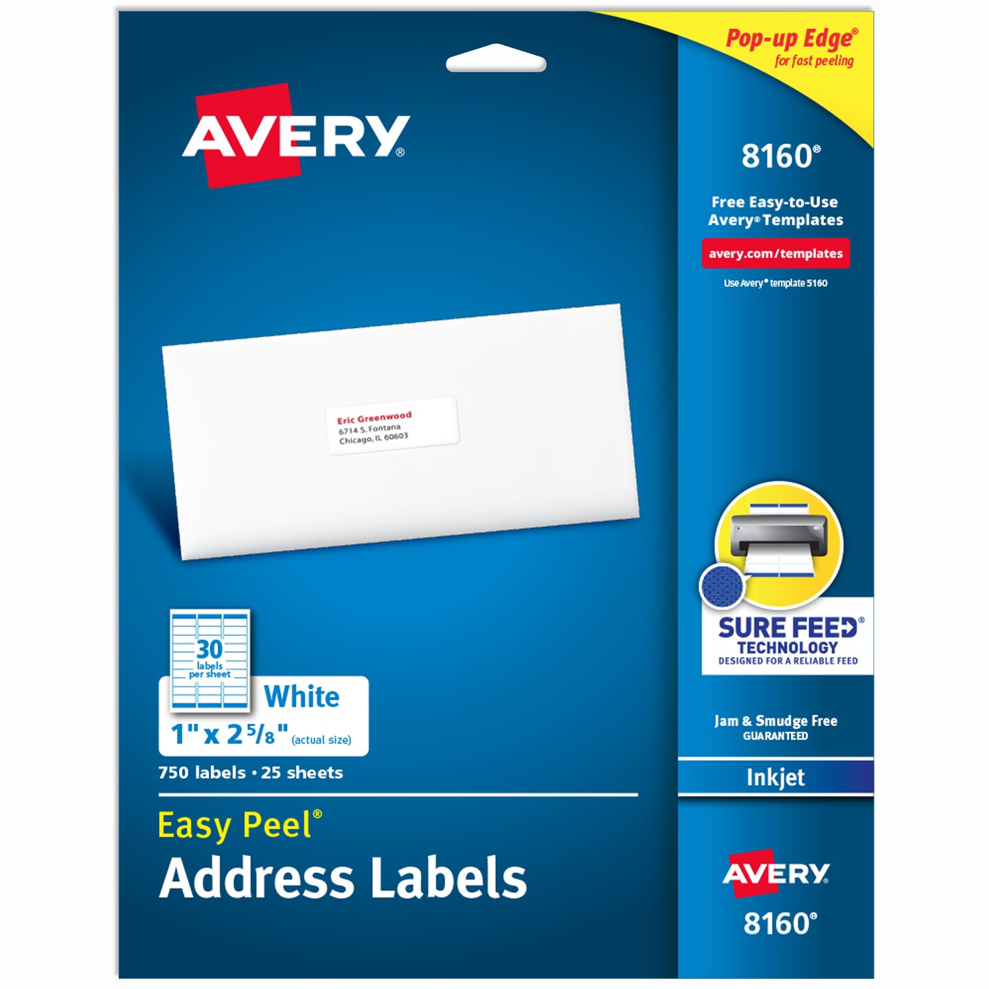 Avery Easy Peel Printable Address Labels with Sure Feed, 1&#x22; x 2-5/8&#x22; Customizable Stickers, White, 750 Blank Mailing Labels, Great for Mailing, Shipping, and More (8160)