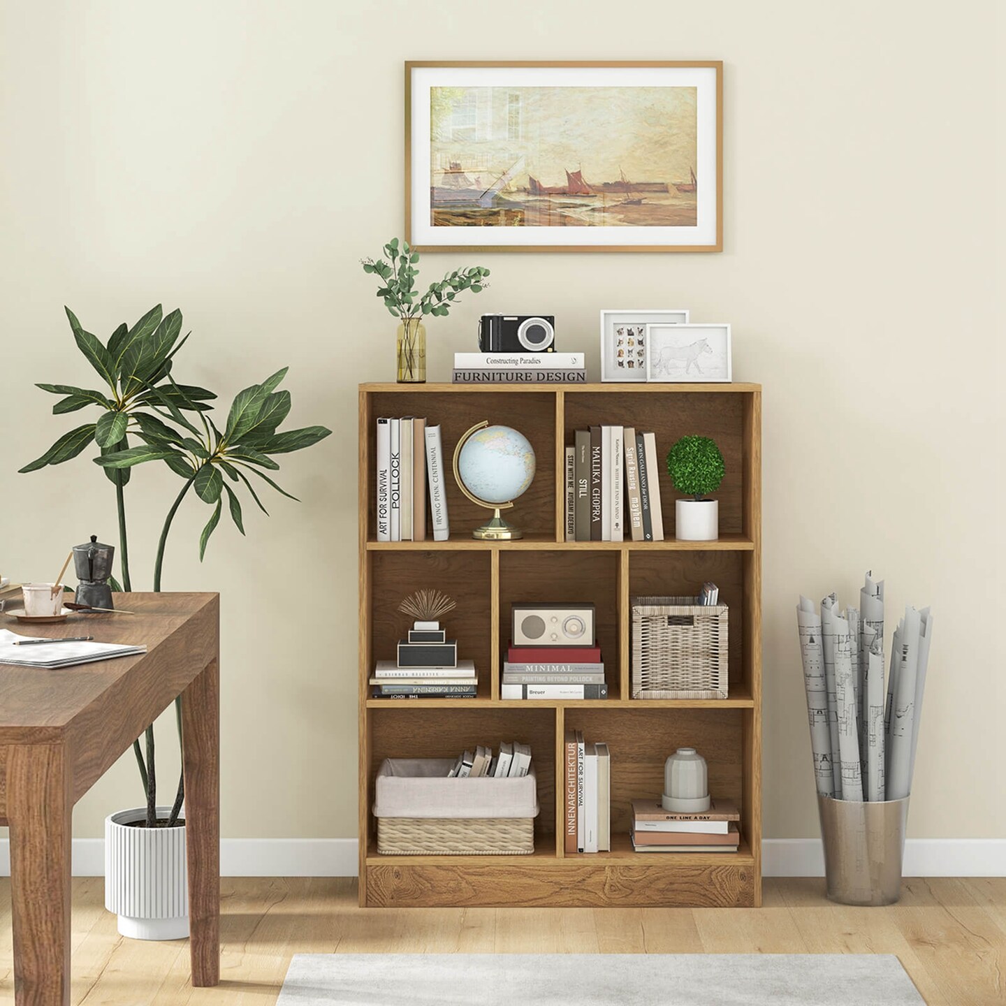 Costway 7-Cube Bookcase for Kids 41" Wooden Toy Storage Organizer Freestanding Bookshelf Brown/White