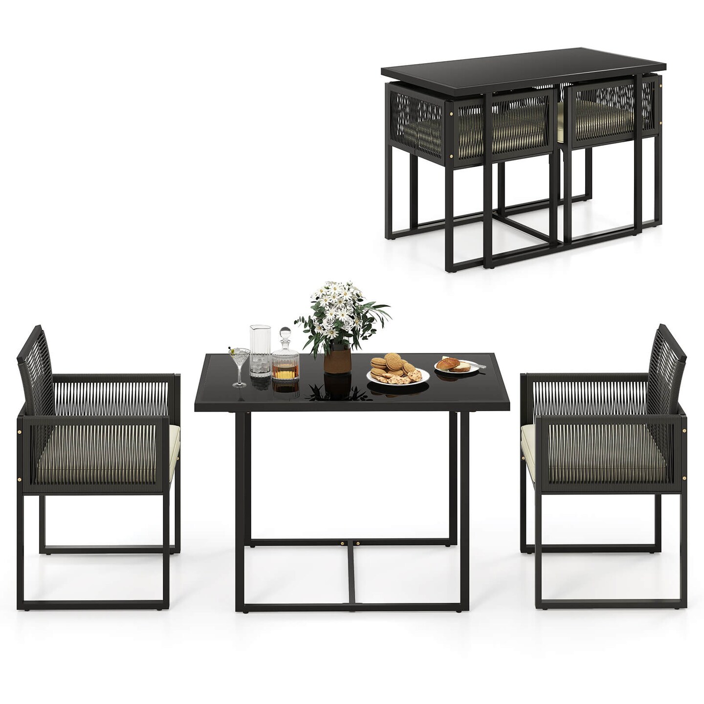 Costway 3 PCS Patio PE Wicker Furniture Set Cushioned Chairs with Folding Backrest Backyard Black/White