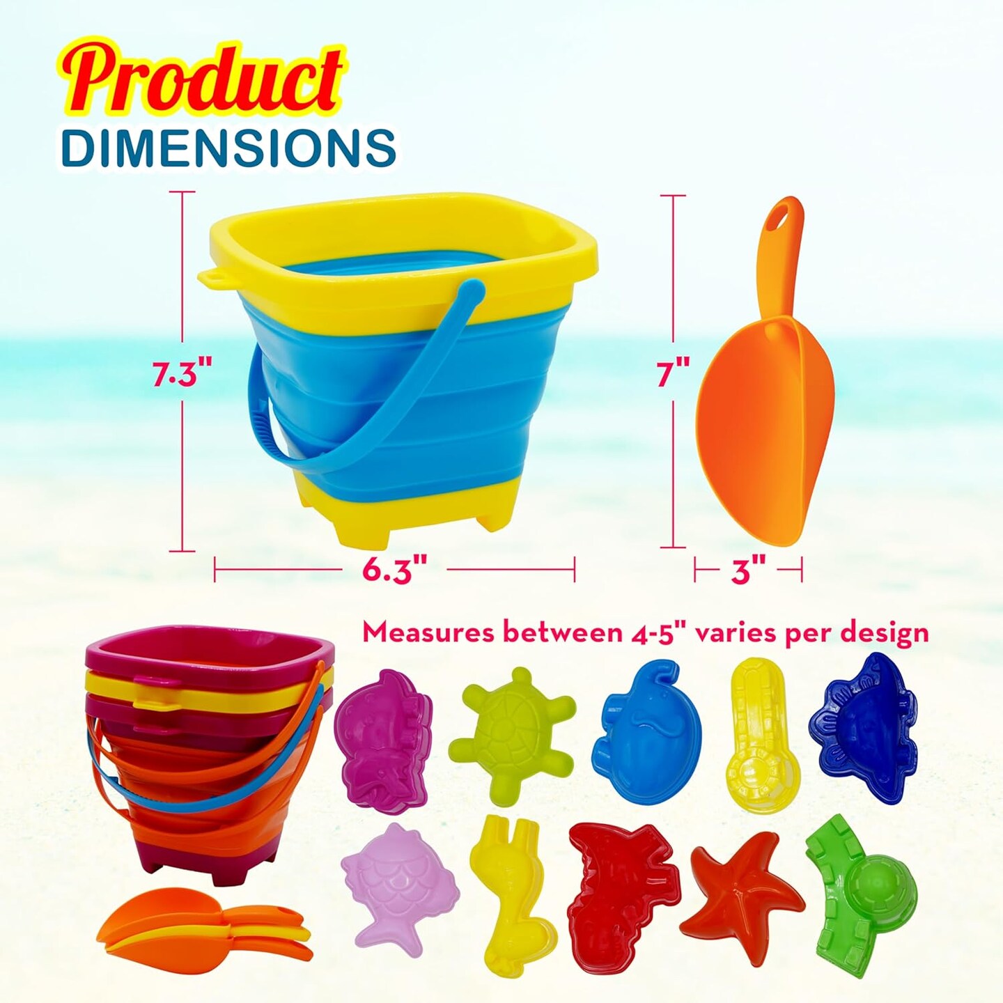4E's Novelty 17 Pcs Beach Toys for Kids Travel - Sandcastle Building Kit 3 Collapsible Beach Bucket, 3 Shovels, 10 Sand Molds & Mesh Beach Bag, Collapsible Beach Toys for Kids